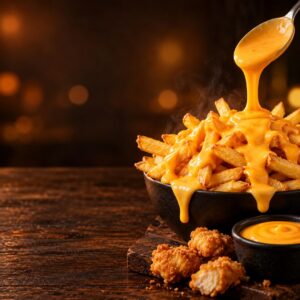Nacho Cheese Leleh Mukmin Rich — sos keju pekat dituang atas kentang goreng